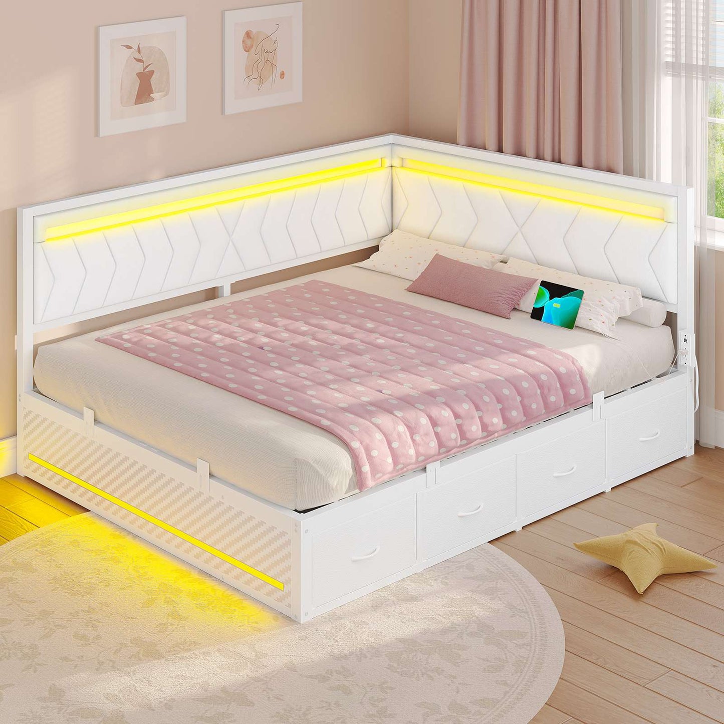 Hasuit | Corner Bed Frame with Storage Drawers and Charging Station Leather Upholstered Daybed with LED Light Esports Style