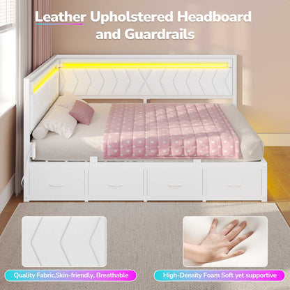 Hasuit | Corner Bed Frame with Storage Drawers and Charging Station Leather Upholstered Daybed with LED Light Esports Style