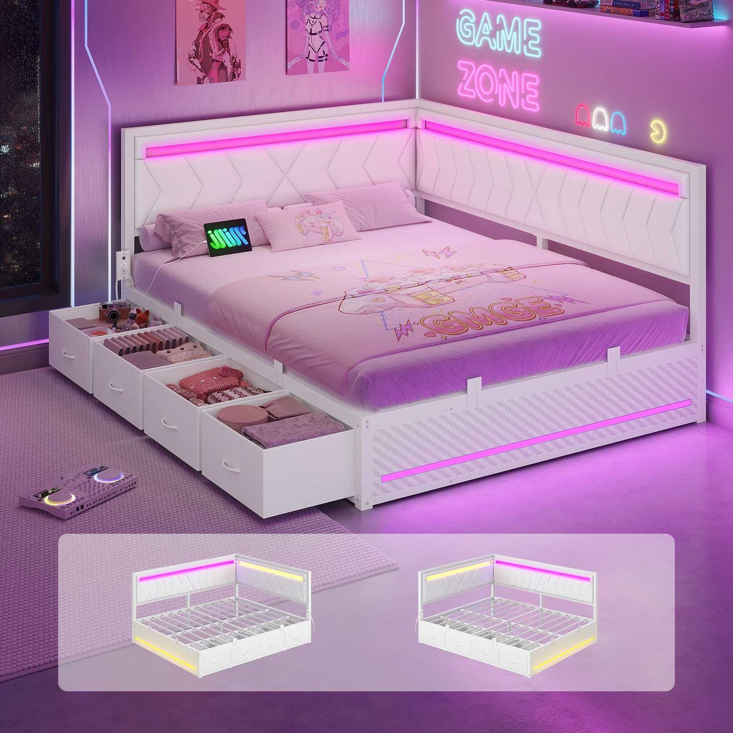 Hasuit | Corner Bed Frame with Storage Drawers and Charging Station Leather Upholstered Daybed with LED Light Esports Style