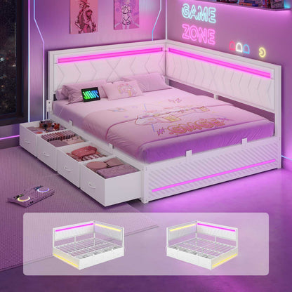 Hasuit | Corner Bed Frame with Storage Drawers and Charging Station Leather Upholstered Daybed with LED Light Esports Style