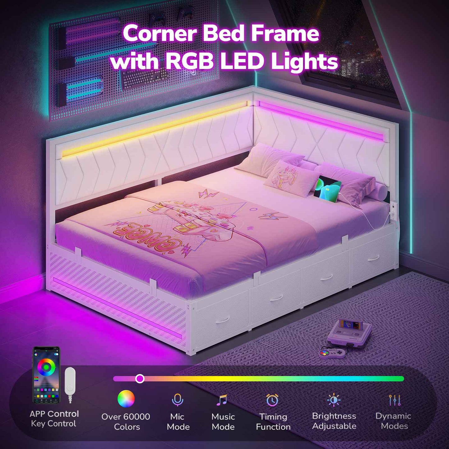 Hasuit | Corner Bed Frame with Storage Drawers and Charging Station Leather Upholstered Daybed with LED Light Esports Style