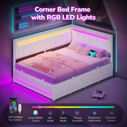 Hasuit | Corner Bed Frame with Storage Drawers and Charging Station Leather Upholstered Daybed with LED Light Esports Style