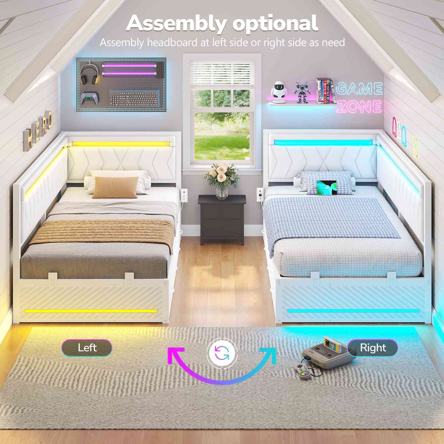 Hasuit | Corner Bed Frame with Storage Drawers and Charging Station Leather Upholstered Daybed with LED Light Esports Style