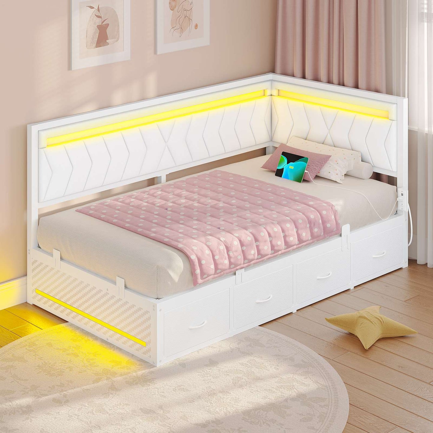 Hasuit | Corner Bed Frame with Storage Drawers and Charging Station Leather Upholstered Daybed with LED Light Esports Style