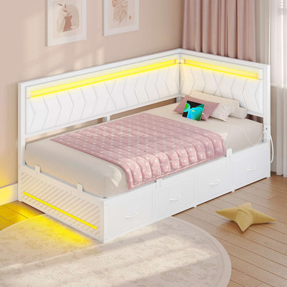 Hasuit | Corner Bed Frame with Storage Drawers and Charging Station Leather Upholstered Daybed with LED Light Esports Style