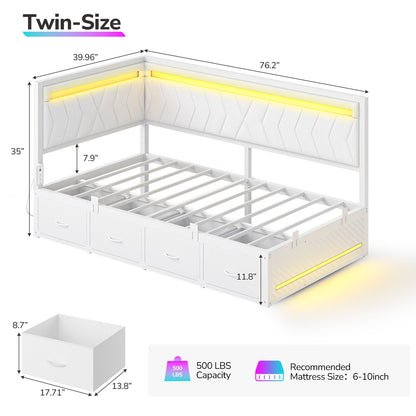 Hasuit | Corner Bed Frame with Storage Drawers and Charging Station Leather Upholstered Daybed with LED Light Esports Style
