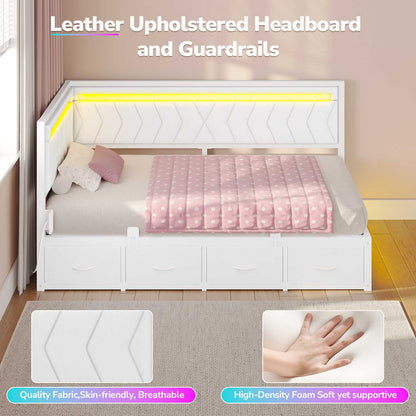 Hasuit | Corner Bed Frame with Storage Drawers and Charging Station Leather Upholstered Daybed with LED Light Esports Style