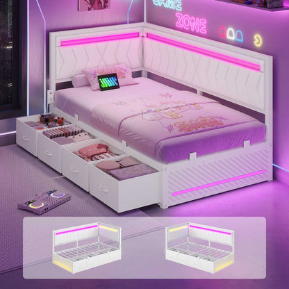 Hasuit | Corner Bed Frame with Storage Drawers and Charging Station Leather Upholstered Daybed with LED Light Esports Style