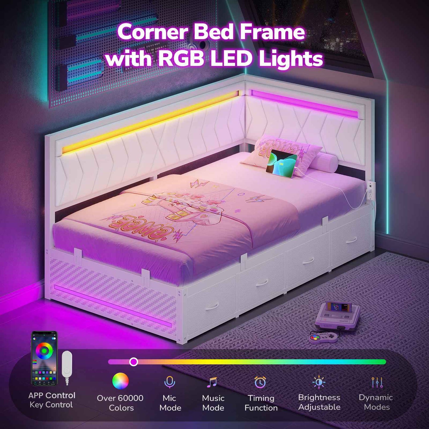 Hasuit | Corner Bed Frame with Storage Drawers and Charging Station Leather Upholstered Daybed with LED Light Esports Style