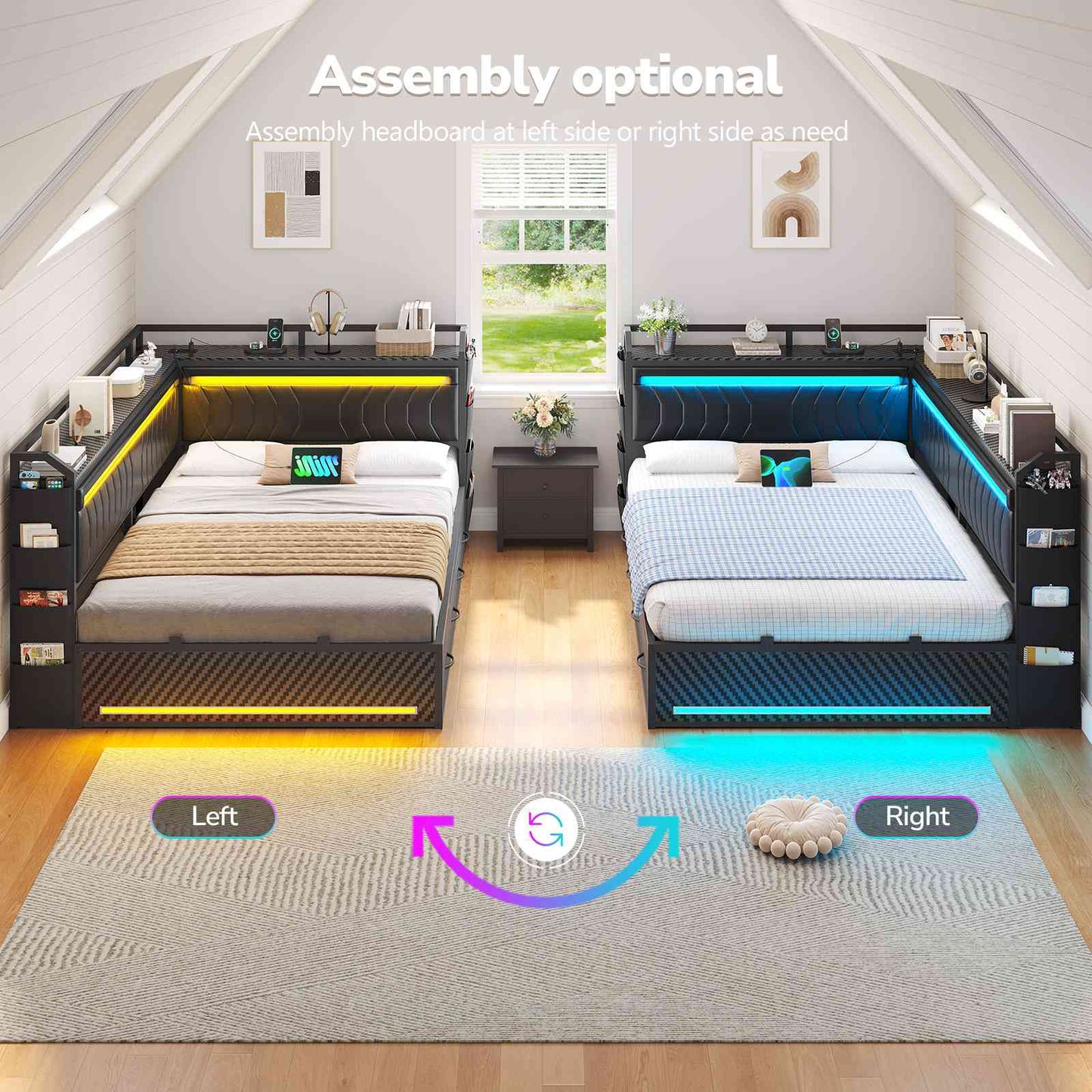 Hasuit | Corner Bed Frame with 4 Storage Drawers Convertible Daybed with Leather Upholstered and LED Light Esports Style