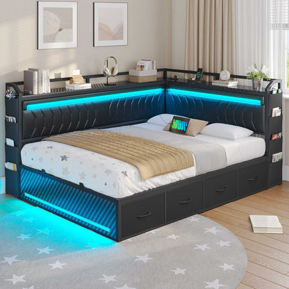 Hasuit | Corner Bed Frame with 4 Storage Drawers Convertible Daybed with Leather Upholstered and LED Light Esports Style