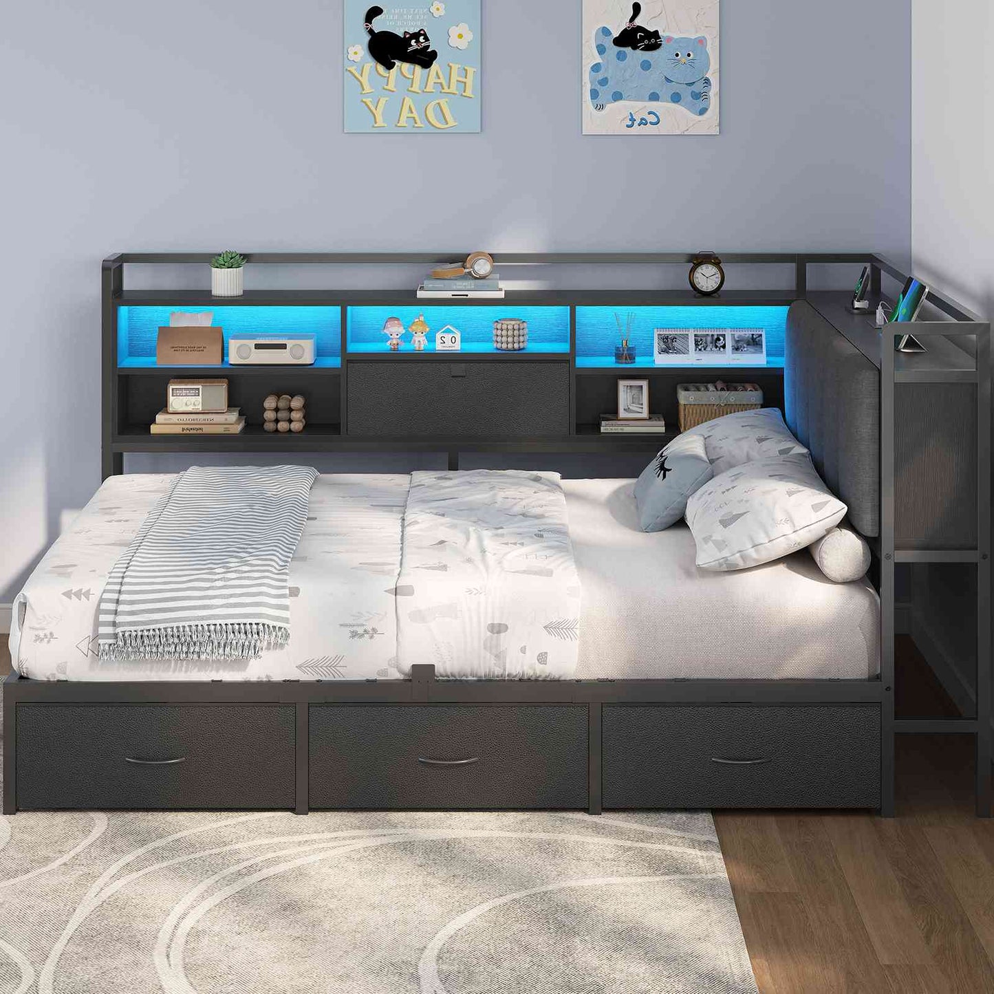 Hasuit | Corner Bed Frame with 3 Storage Drawers Convertible Daybed with Upholstered and Storage Headboard Black
