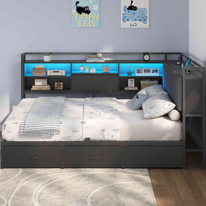 Hasuit | Corner Bed Frame with 3 Storage Drawers Convertible Daybed with Upholstered and Storage Headboard Black