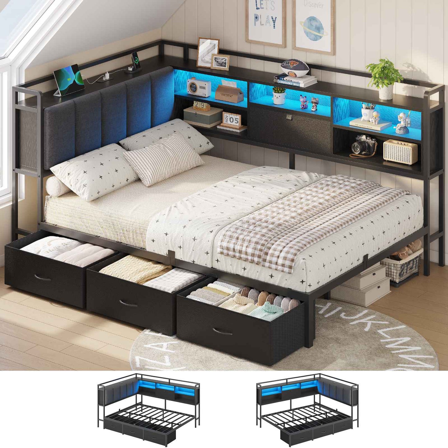 Hasuit | Corner Bed Frame with 3 Storage Drawers Convertible Daybed with Upholstered and Storage Headboard Black