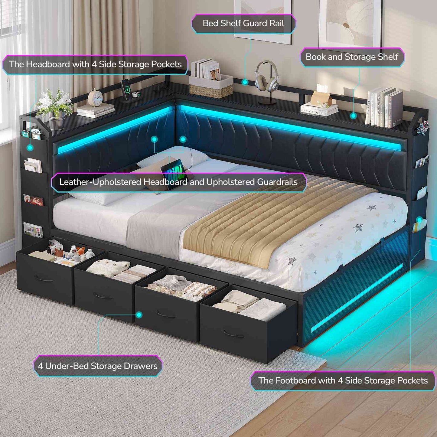 Hasuit | Corner Bed Frame with 4 Storage Drawers Convertible Daybed with Leather Upholstered and LED Light Esports Style