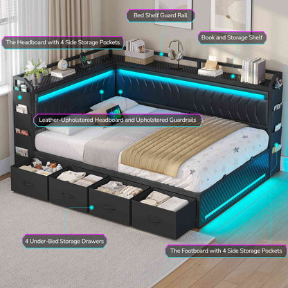 Hasuit | Corner Bed Frame with 4 Storage Drawers Convertible Daybed with Leather Upholstered and LED Light Esports Style