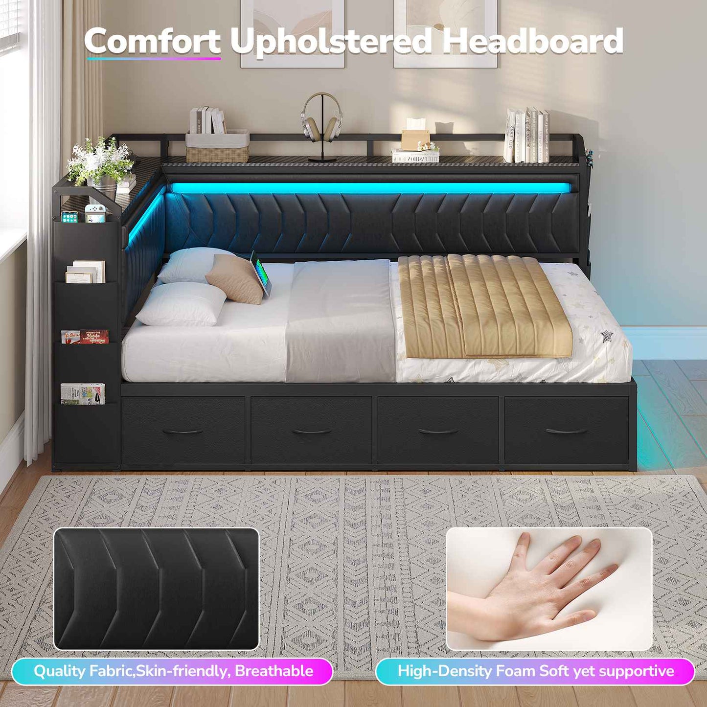 Hasuit | Corner Bed Frame with 4 Storage Drawers Convertible Daybed with Leather Upholstered and LED Light Esports Style