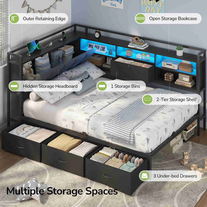 Hasuit | Corner Bed Frame with 3 Storage Drawers Convertible Daybed with Upholstered and Storage Headboard Black