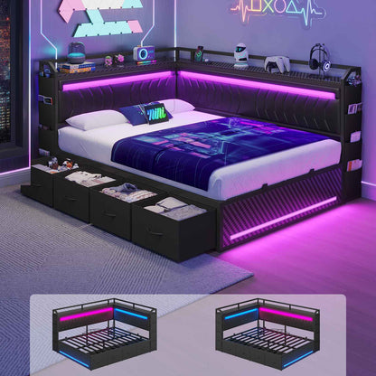 Hasuit | Corner Bed Frame with 4 Storage Drawers Convertible Daybed with Leather Upholstered and LED Light Esports Style