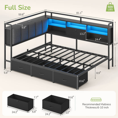 Hasuit | Corner Bed Frame with 3 Storage Drawers Convertible Daybed with Upholstered and Storage Headboard Black