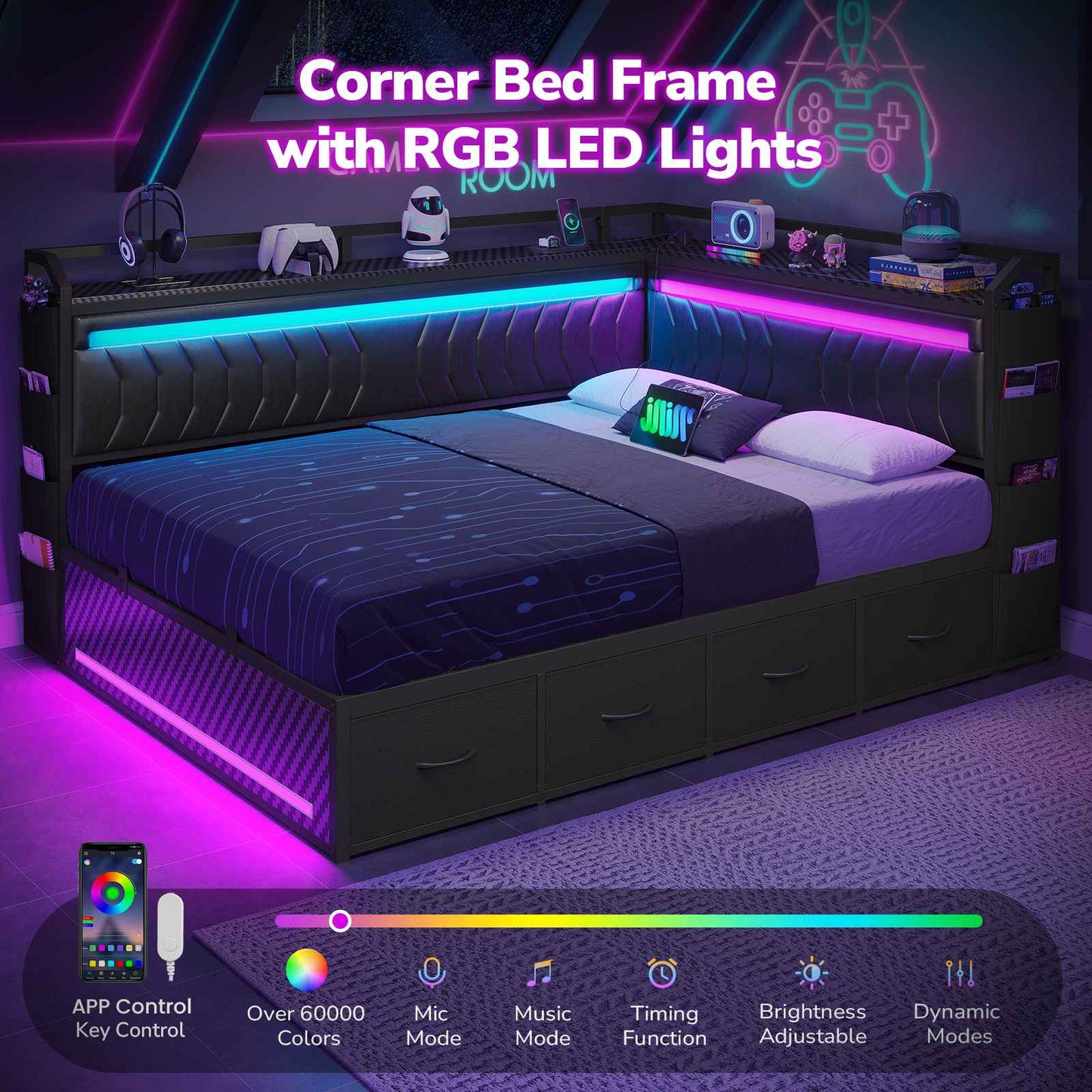 Hasuit | Corner Bed Frame with 4 Storage Drawers Convertible Daybed with Leather Upholstered and LED Light Esports Style