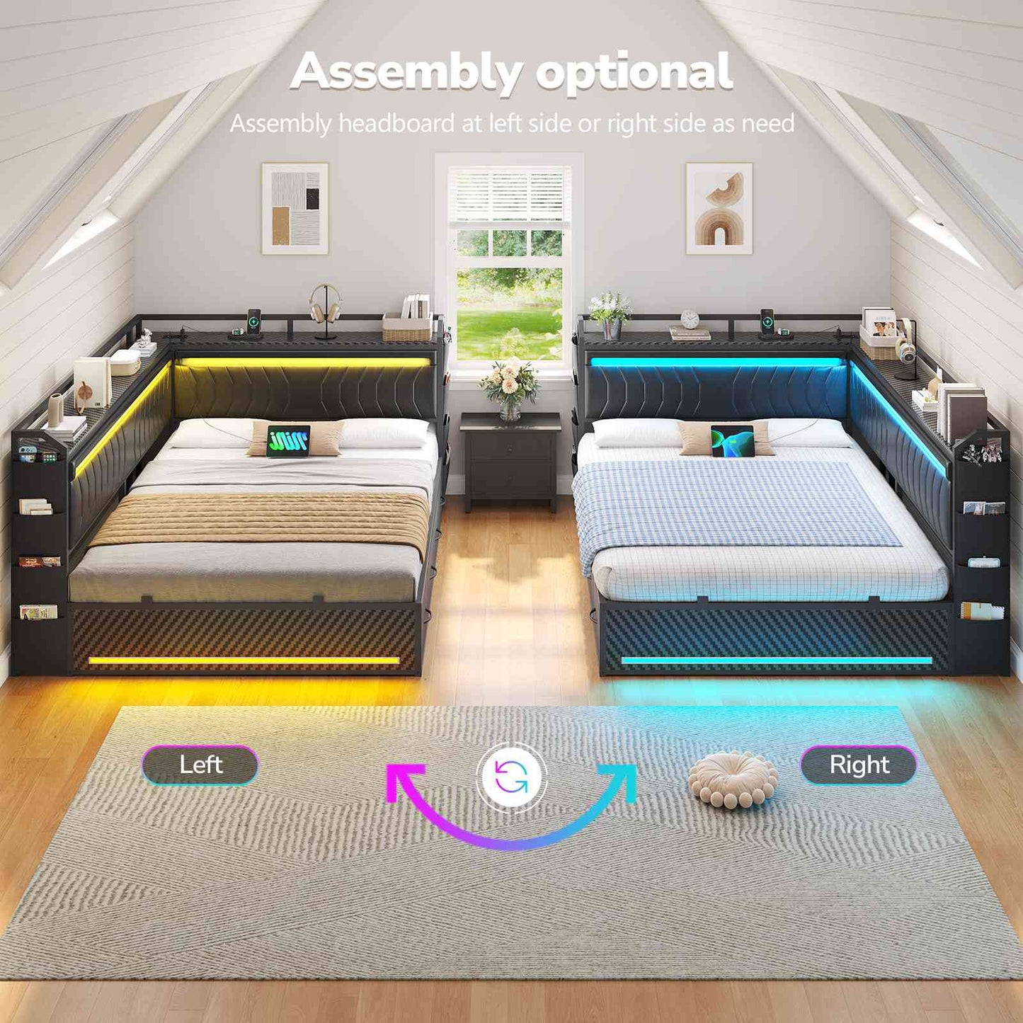 Hasuit | Corner Bed Frame with 4 Storage Drawers Convertible Daybed with Leather Upholstered and LED Light Esports Style