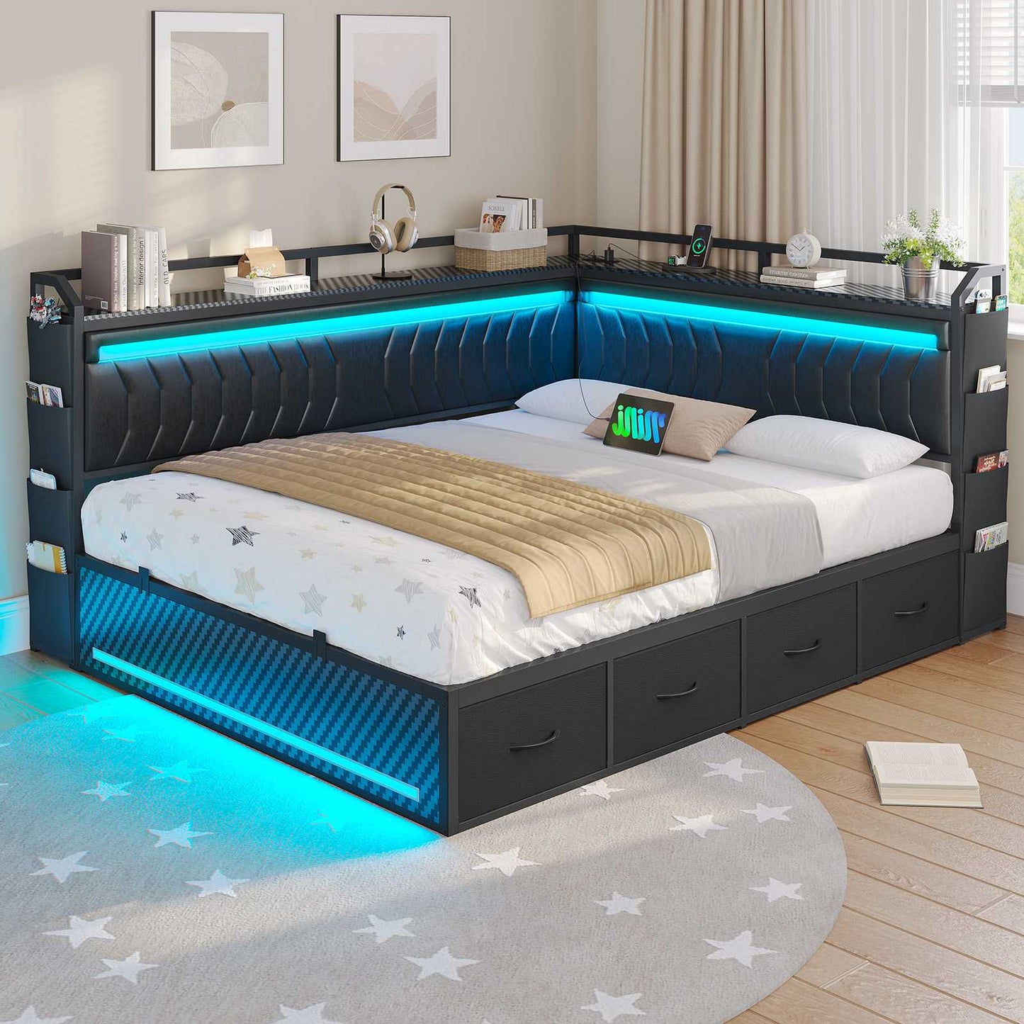 Hasuit | Corner Bed Frame with 4 Storage Drawers Convertible Daybed with Leather Upholstered and LED Light Esports Style
