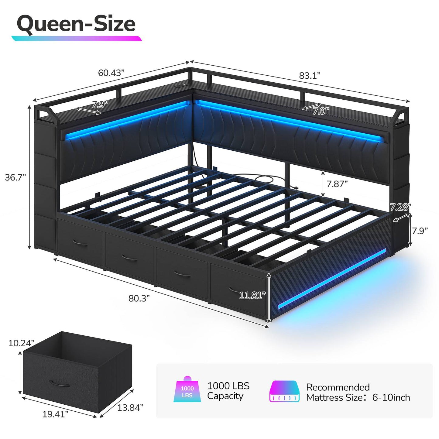 Hasuit | Corner Bed Frame with 4 Storage Drawers Convertible Daybed with Leather Upholstered and LED Light Esports Style