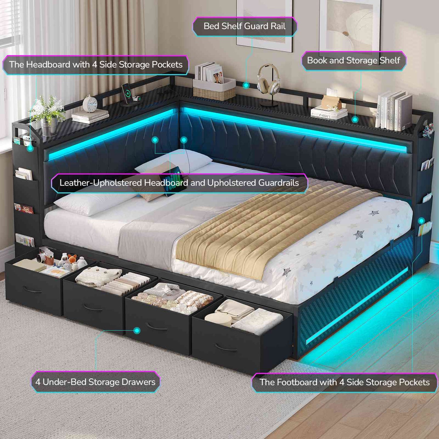 Hasuit | Corner Bed Frame with 4 Storage Drawers Convertible Daybed with Leather Upholstered and LED Light Esports Style
