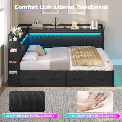 Hasuit | Corner Bed Frame with 4 Storage Drawers Convertible Daybed with Leather Upholstered and LED Light Esports Style