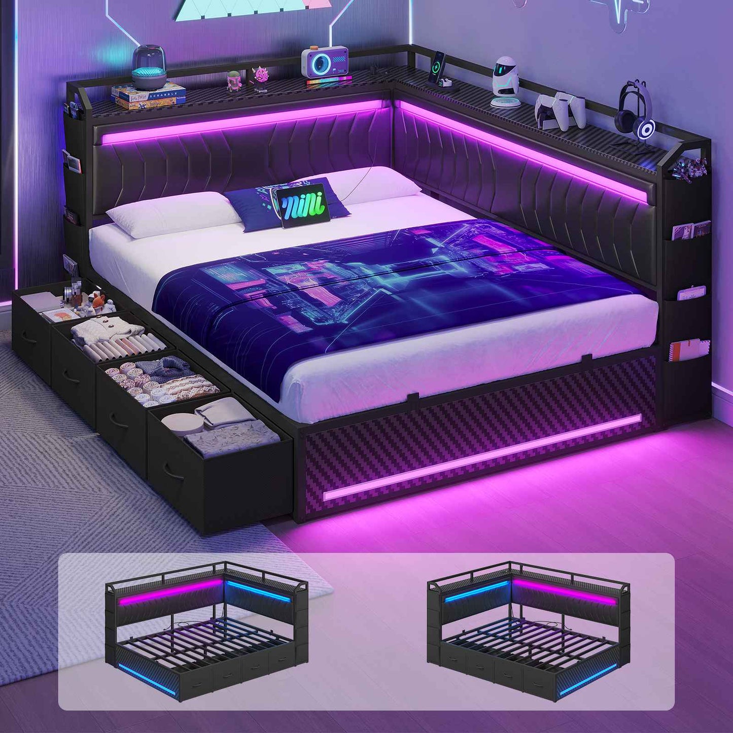 Hasuit | Corner Bed Frame with 4 Storage Drawers Convertible Daybed with Leather Upholstered and LED Light Esports Style