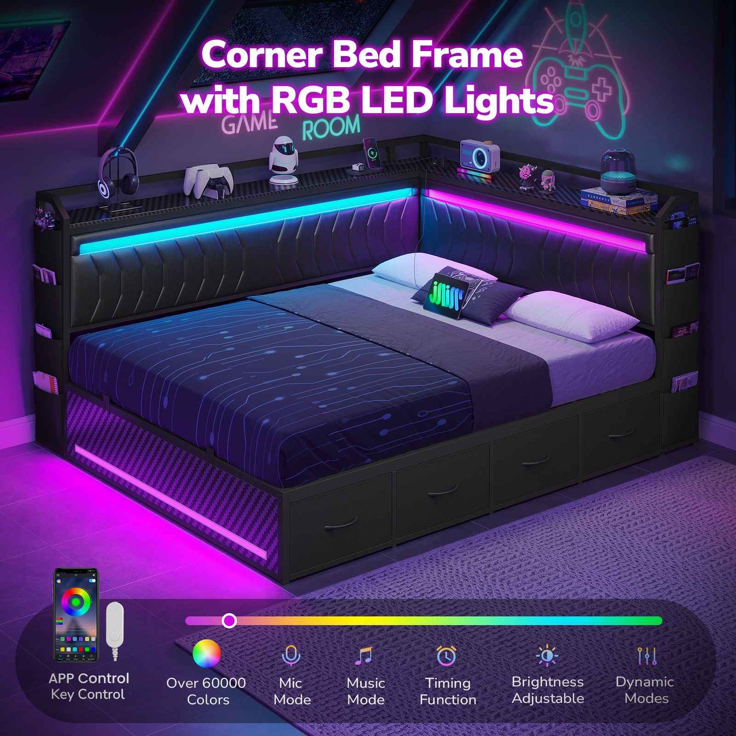 Hasuit | Corner Bed Frame with 4 Storage Drawers Convertible Daybed with Leather Upholstered and LED Light Esports Style