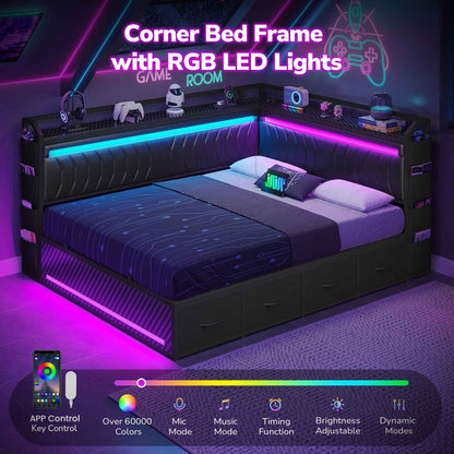Hasuit | Corner Bed Frame with 4 Storage Drawers Convertible Daybed with Leather Upholstered and LED Light Esports Style