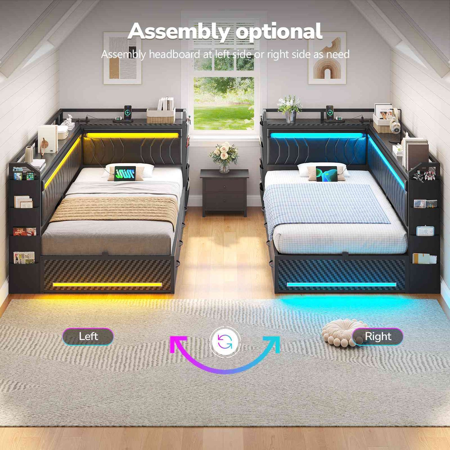 Hasuit | Corner Bed Frame with 4 Storage Drawers Convertible Daybed with Leather Upholstered and LED Light Esports Style