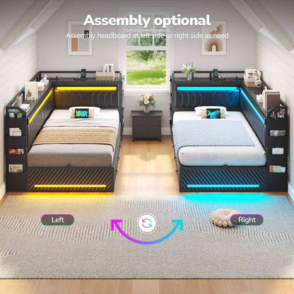 Hasuit | Corner Bed Frame with 4 Storage Drawers Convertible Daybed with Leather Upholstered and LED Light Esports Style