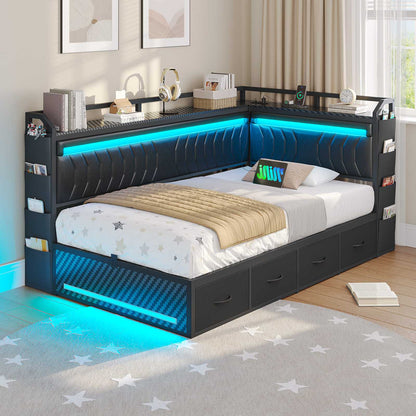 Hasuit | Corner Bed Frame with 4 Storage Drawers Convertible Daybed with Leather Upholstered and LED Light Esports Style