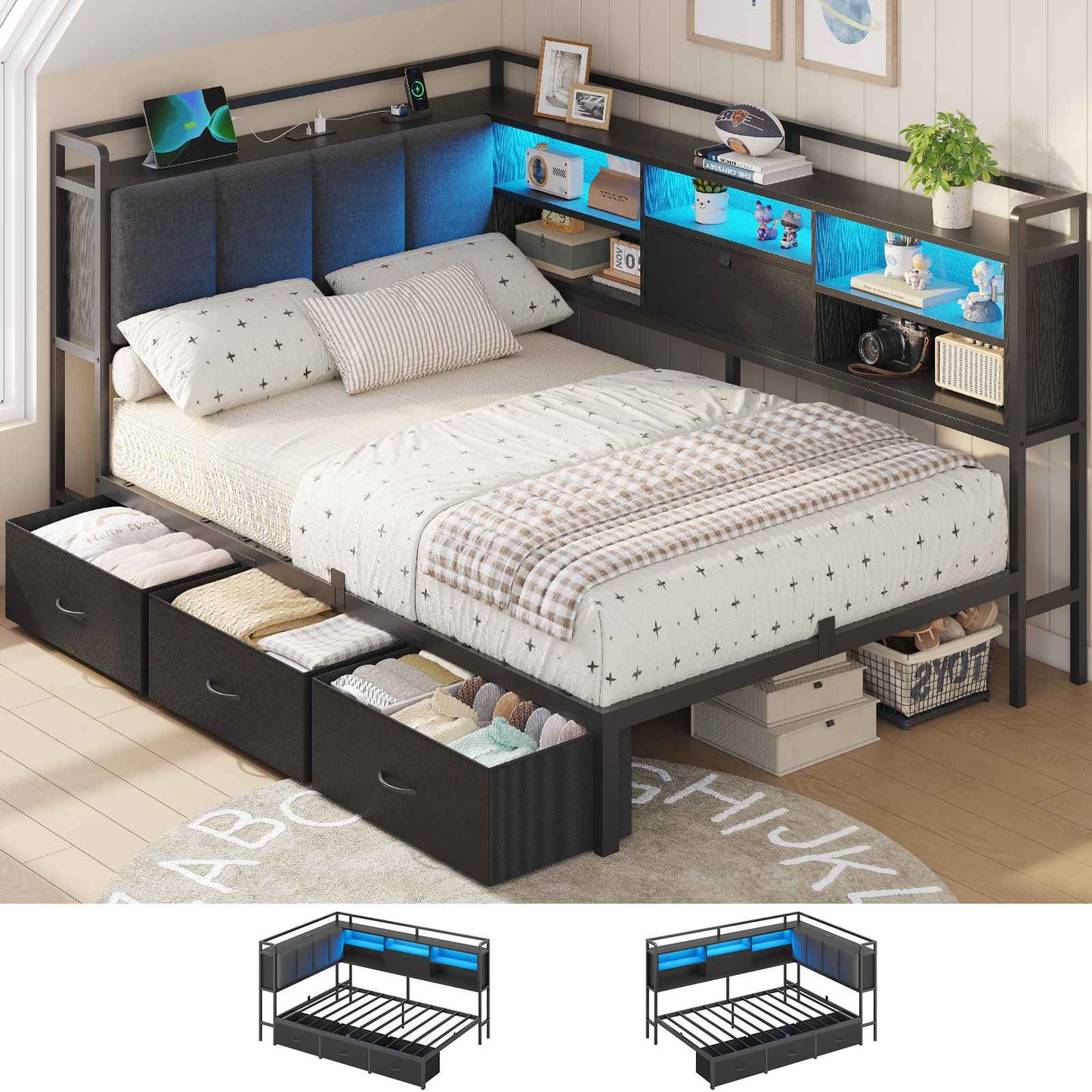 Hasuit | Corner Bed Frame with 3 Storage Drawers Convertible Daybed with Upholstered and Storage Headboard Black