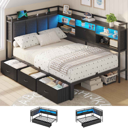 Hasuit | Corner Bed Frame with 3 Storage Drawers Convertible Daybed with Upholstered and Storage Headboard Black