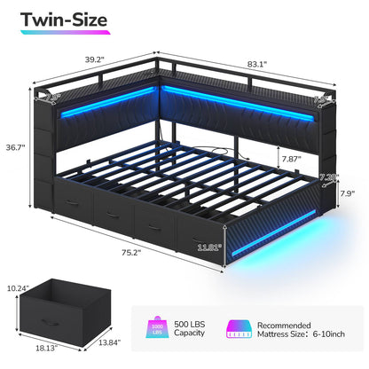 Hasuit | Corner Bed Frame with 4 Storage Drawers Convertible Daybed with Leather Upholstered and LED Light Esports Style