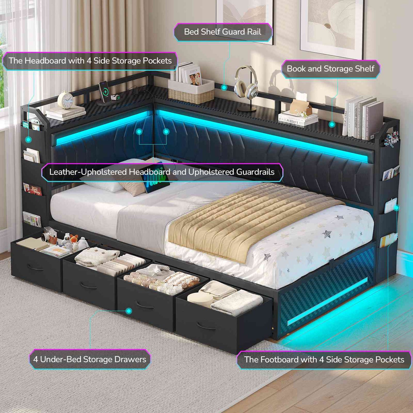 Hasuit | Corner Bed Frame with 4 Storage Drawers Convertible Daybed with Leather Upholstered and LED Light Esports Style