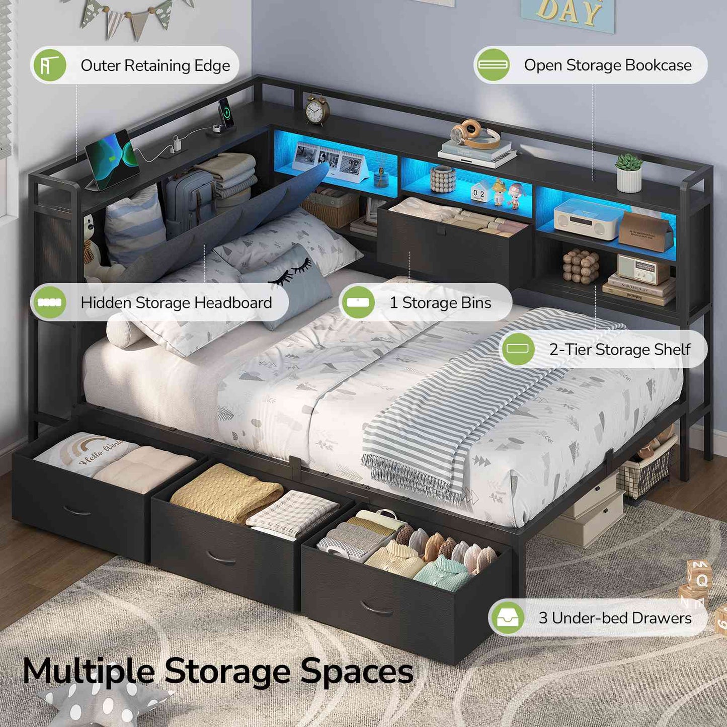 Hasuit | Corner Bed Frame with 3 Storage Drawers Convertible Daybed with Upholstered and Storage Headboard Black