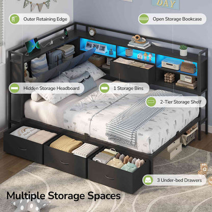 Hasuit | Corner Bed Frame with 3 Storage Drawers Convertible Daybed with Upholstered and Storage Headboard Black