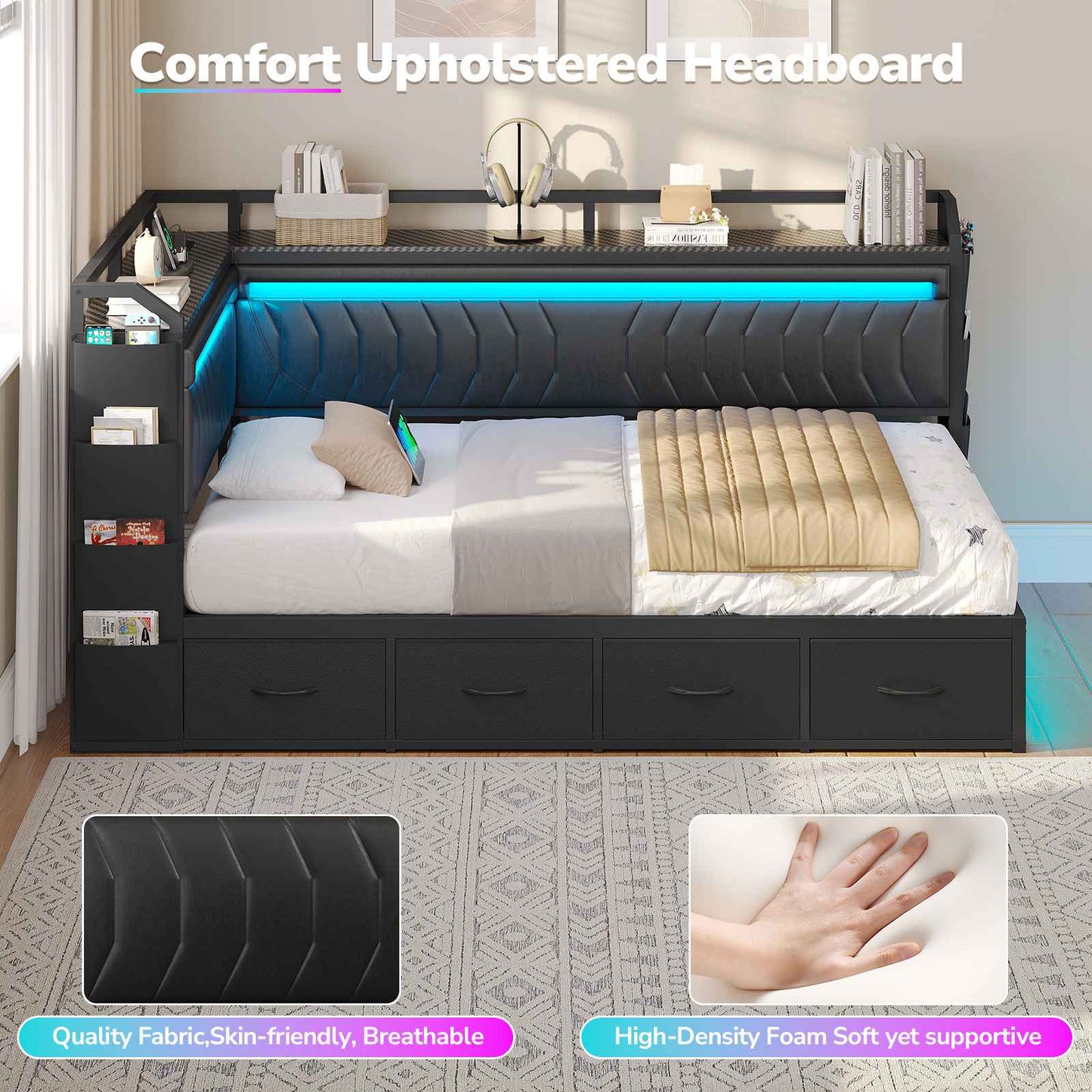 Hasuit | Corner Bed Frame with 4 Storage Drawers Convertible Daybed with Leather Upholstered and LED Light Esports Style