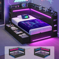 Hasuit | Corner Bed Frame with 4 Storage Drawers Convertible Daybed with Leather Upholstered and LED Light Esports Style