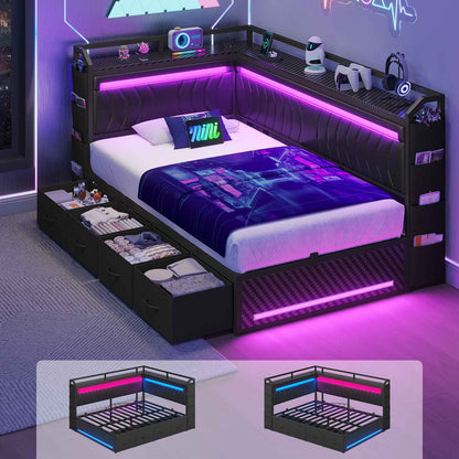 Hasuit | Corner Bed Frame with 4 Storage Drawers Convertible Daybed with Leather Upholstered and LED Light Esports Style