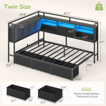 Hasuit | Corner Bed Frame with 3 Storage Drawers Convertible Daybed with Upholstered and Storage Headboard Black