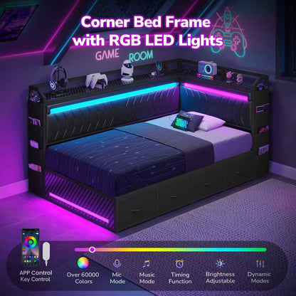 Hasuit | Corner Bed Frame with 4 Storage Drawers Convertible Daybed with Leather Upholstered and LED Light Esports Style