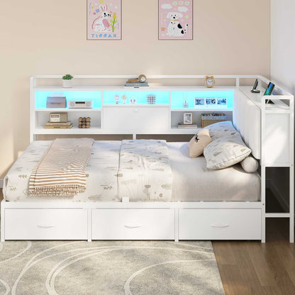 Hasuit | Corner Bed Frame with 3 Storage Drawers Convertible Daybed with Upholstered and Storage Headboard White