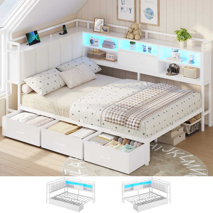 Hasuit | Corner Bed Frame with 3 Storage Drawers Convertible Daybed with Upholstered and Storage Headboard White
