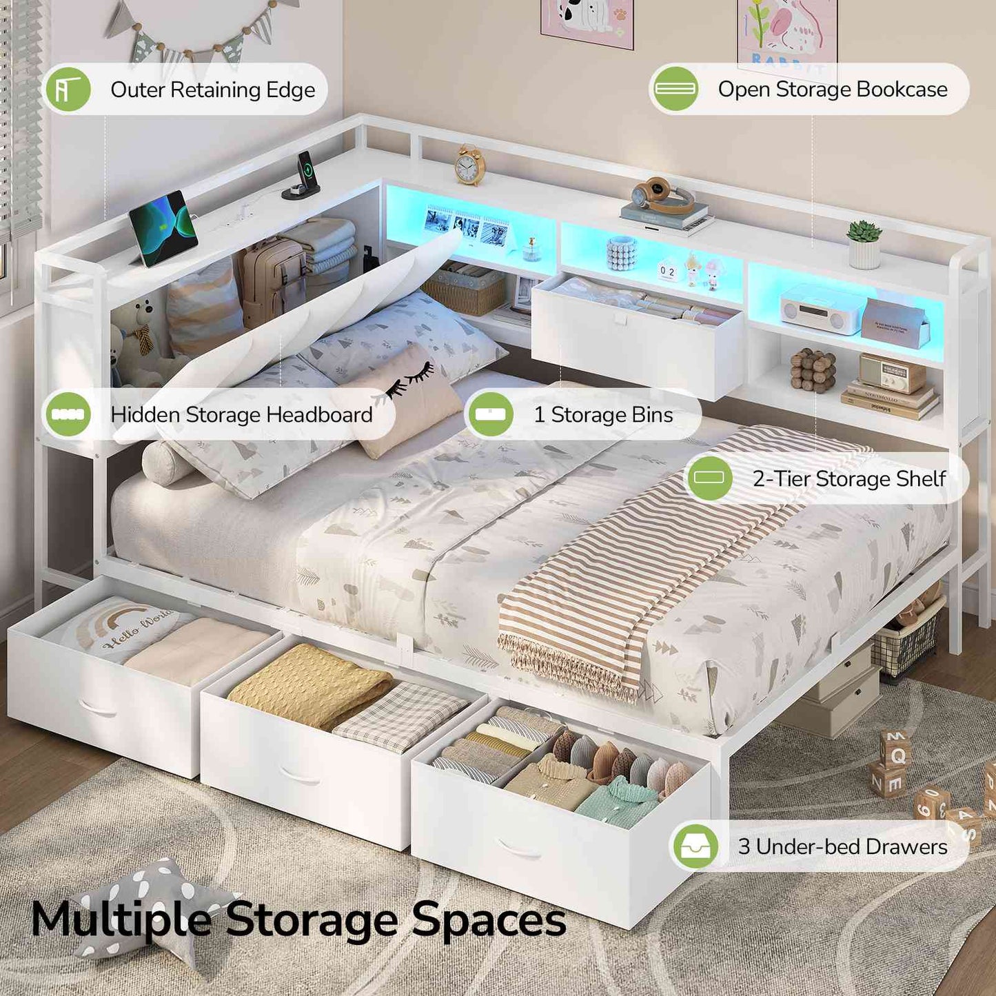 Hasuit | Corner Bed Frame with 3 Storage Drawers Convertible Daybed with Upholstered and Storage Headboard White
